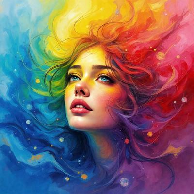 The primary subject of the image is a woman with long hair, painted in a vibrant and colorful manner. The setting is a colorful background, which adds to the overall visual style. The woman's face is the main focus of the image, and the colors and mood convey a sense of energy and creativity.